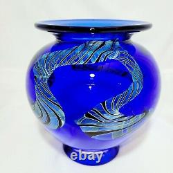 Signed Henry Summa Opaque Cobalt Blue Iridescent Dragon Art Glass Flower Vase