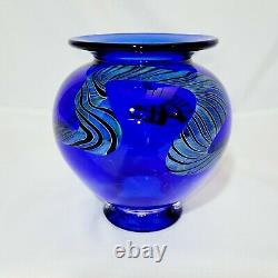 Signed Henry Summa Opaque Cobalt Blue Iridescent Dragon Art Glass Flower Vase