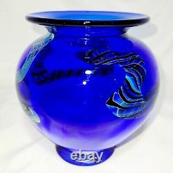 Signed Henry Summa Opaque Cobalt Blue Iridescent Dragon Art Glass Flower Vase