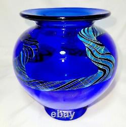 Signed Henry Summa Opaque Cobalt Blue Iridescent Dragon Art Glass Flower Vase