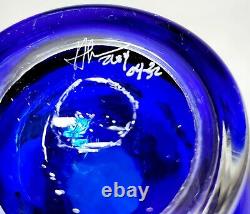 Signed Henry Summa Opaque Cobalt Blue Iridescent Dragon Art Glass Flower Vase