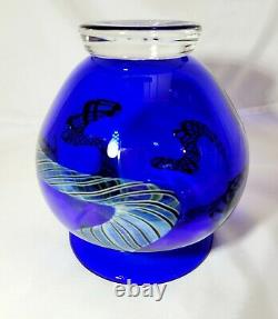 Signed Henry Summa Opaque Cobalt Blue Iridescent Dragon Art Glass Flower Vase