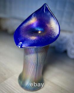 Signed Iridescent Blue Stretch Glass Jack In The Pulpit Vase VTG