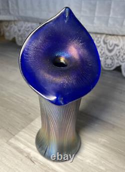 Signed Iridescent Blue Stretch Glass Jack In The Pulpit Vase VTG