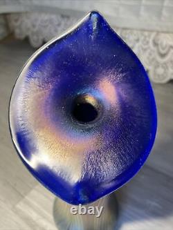 Signed Iridescent Blue Stretch Glass Jack In The Pulpit Vase VTG