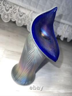 Signed Iridescent Blue Stretch Glass Jack In The Pulpit Vase VTG