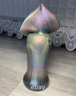 Signed Iridescent Blue Stretch Glass Jack In The Pulpit Vase VTG