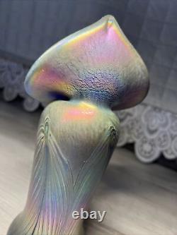 Signed Iridescent Blue Stretch Glass Jack In The Pulpit Vase VTG