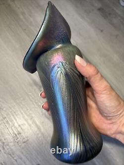 Signed Iridescent Blue Stretch Glass Jack In The Pulpit Vase VTG