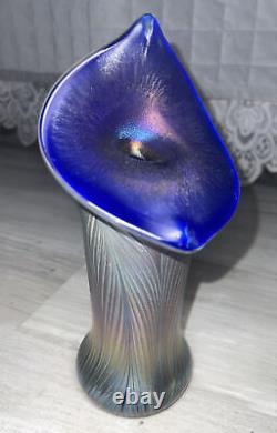 Signed Iridescent Blue Stretch Glass Jack In The Pulpit Vase VTG