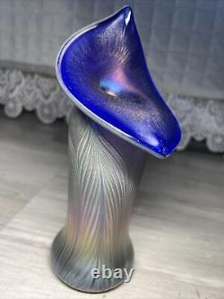 Signed Iridescent Blue Stretch Glass Jack In The Pulpit Vase VTG