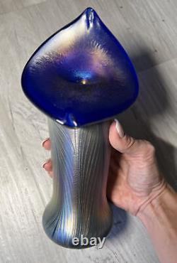 Signed Iridescent Blue Stretch Glass Jack In The Pulpit Vase VTG