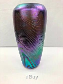 Signed Iridescent Peacock Blue Green Purple Pulled Feather Design Art Glass Vase