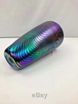 Signed Iridescent Peacock Blue Green Purple Pulled Feather Design Art Glass Vase
