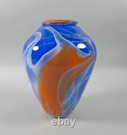 Signed John Lewis Cased Art Glass Vase #6152 2007 8 Tall Orange & Royal Blue