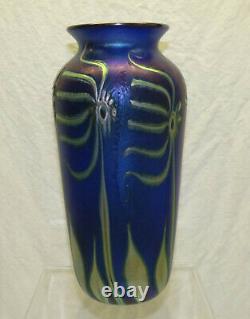 Signed John Lotton Art Glass Cobalt Blue Aurene 11.5 Vase Abstract Flower 1993