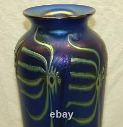 Signed John Lotton Art Glass Cobalt Blue Aurene 11.5 Vase Abstract Flower 1993