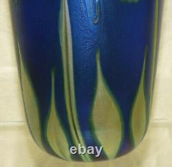 Signed John Lotton Art Glass Cobalt Blue Aurene 11.5 Vase Abstract Flower 1993