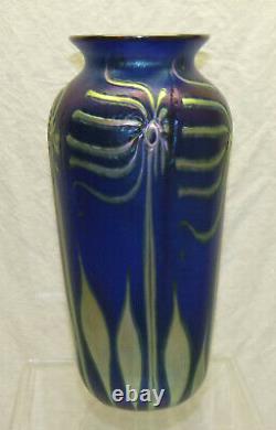 Signed John Lotton Art Glass Cobalt Blue Aurene 11.5 Vase Abstract Flower 1993