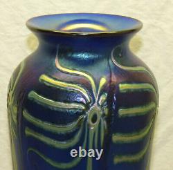 Signed John Lotton Art Glass Cobalt Blue Aurene 11.5 Vase Abstract Flower 1993