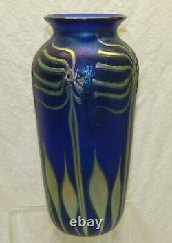 Signed John Lotton Art Glass Cobalt Blue Aurene 11.5 Vase Abstract Flower 1993