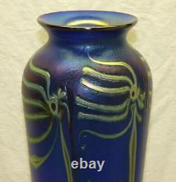 Signed John Lotton Art Glass Cobalt Blue Aurene 11.5 Vase Abstract Flower 1993