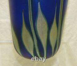 Signed John Lotton Art Glass Cobalt Blue Aurene 11.5 Vase Abstract Flower 1993