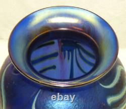 Signed John Lotton Art Glass Cobalt Blue Aurene 11.5 Vase Abstract Flower 1993