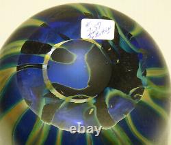 Signed John Lotton Art Glass Cobalt Blue Aurene 11.5 Vase Abstract Flower 1993