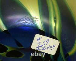 Signed John Lotton Art Glass Cobalt Blue Aurene 11.5 Vase Abstract Flower 1993