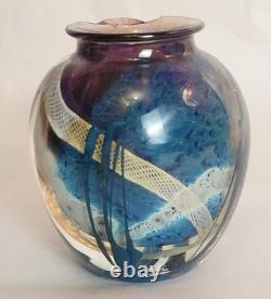 Signed Josh Simpson Studio Art Glass Inhabited Planet Floral Vase 1980 Chipped