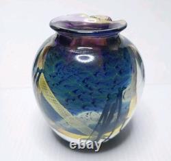 Signed Josh Simpson Studio Art Glass Inhabited Planet Floral Vase 1980 Chipped