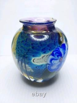 Signed Josh Simpson Studio Art Glass Inhabited Planet Floral Vase 1980 Chipped