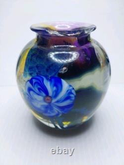 Signed Josh Simpson Studio Art Glass Inhabited Planet Floral Vase 1980 Chipped
