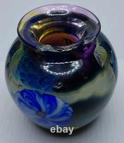 Signed Josh Simpson Studio Art Glass Inhabited Planet Floral Vase 1980 Chipped