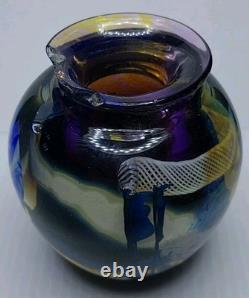 Signed Josh Simpson Studio Art Glass Inhabited Planet Floral Vase 1980 Chipped