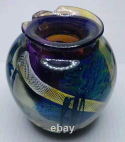 Signed Josh Simpson Studio Art Glass Inhabited Planet Floral Vase 1980 Chipped