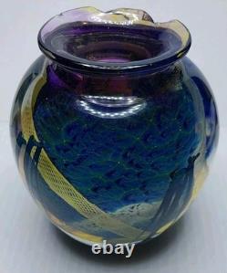 Signed Josh Simpson Studio Art Glass Inhabited Planet Floral Vase 1980 Chipped