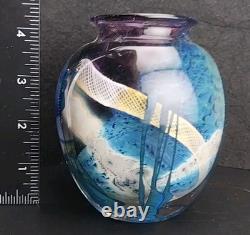 Signed Josh Simpson Studio Art Glass Inhabited Planet Floral Vase 1980 Chipped