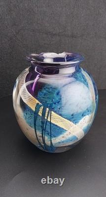 Signed Josh Simpson Studio Art Glass Inhabited Planet Floral Vase 1980 Chipped