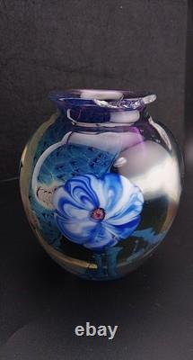 Signed Josh Simpson Studio Art Glass Inhabited Planet Floral Vase 1980 Chipped