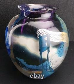 Signed Josh Simpson Studio Art Glass Inhabited Planet Floral Vase 1980 Chipped
