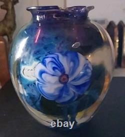 Signed Josh Simpson Studio Art Glass Inhabited Planet Floral Vase 1980 Chipped