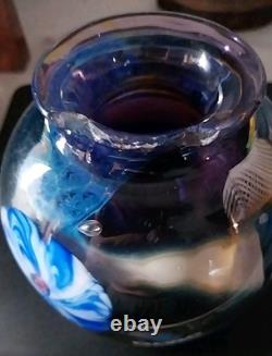 Signed Josh Simpson Studio Art Glass Inhabited Planet Floral Vase 1980 Chipped