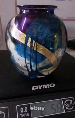 Signed Josh Simpson Studio Art Glass Inhabited Planet Floral Vase 1980 Chipped