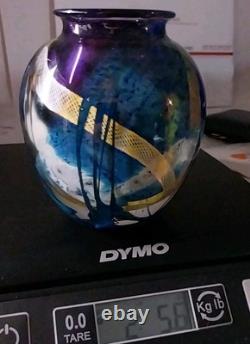 Signed Josh Simpson Studio Art Glass Inhabited Planet Floral Vase 1980 Chipped