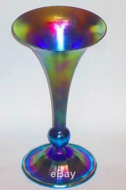 Signed L. C. Tiffany Blue Iridescent Favrile Art Glass Trumpet Vase