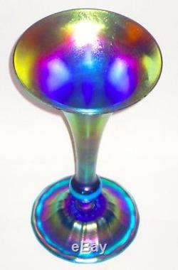 Signed L. C. Tiffany Blue Iridescent Favrile Art Glass Trumpet Vase