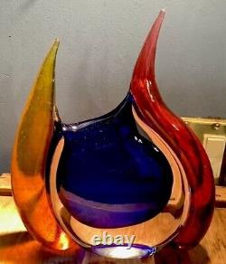 Signed Modern Art Glass Vase Young & Constantin Red Blue Gold