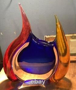 Signed Modern Art Glass Vase Young & Constantin Red Blue Gold